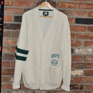 Roots Athletics Club Crest Varsity Knit Cardigan Sweater 100% Organic Cotton L